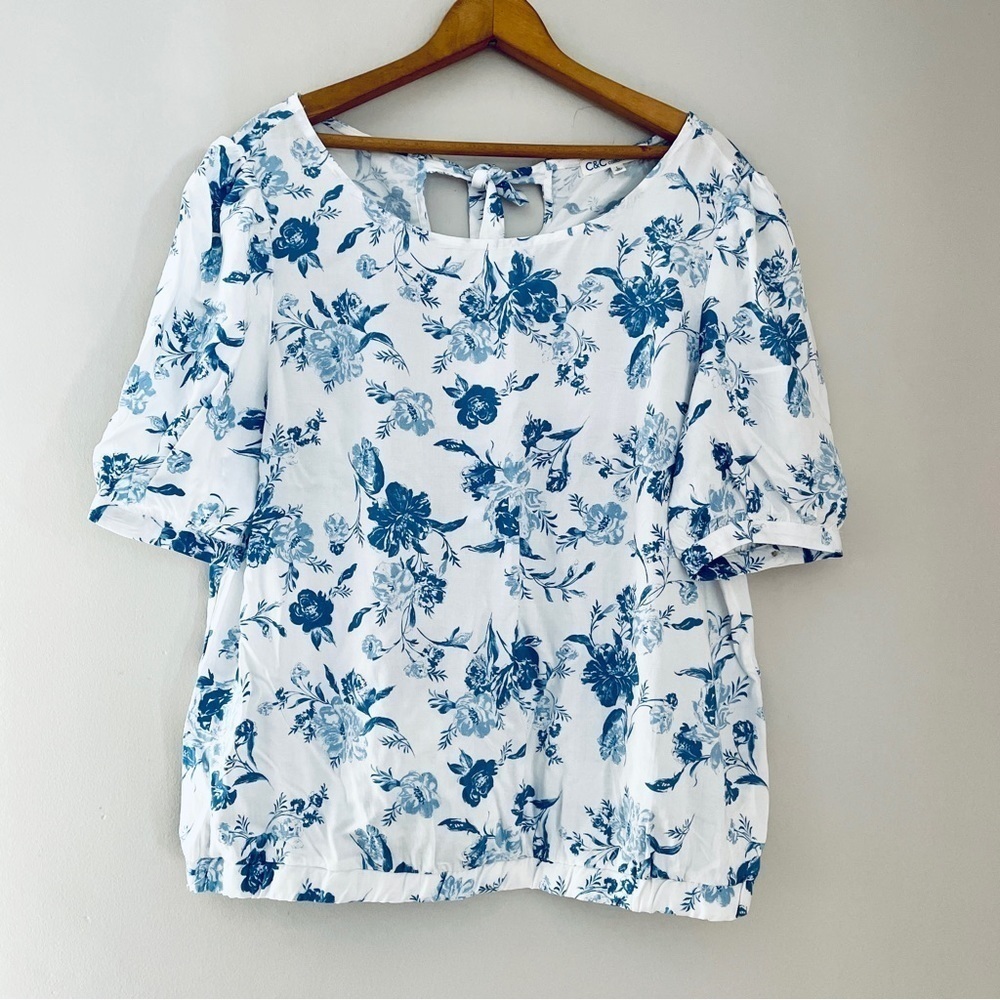C&C California Blue White Toile Floral Print Rayon Top Blouse